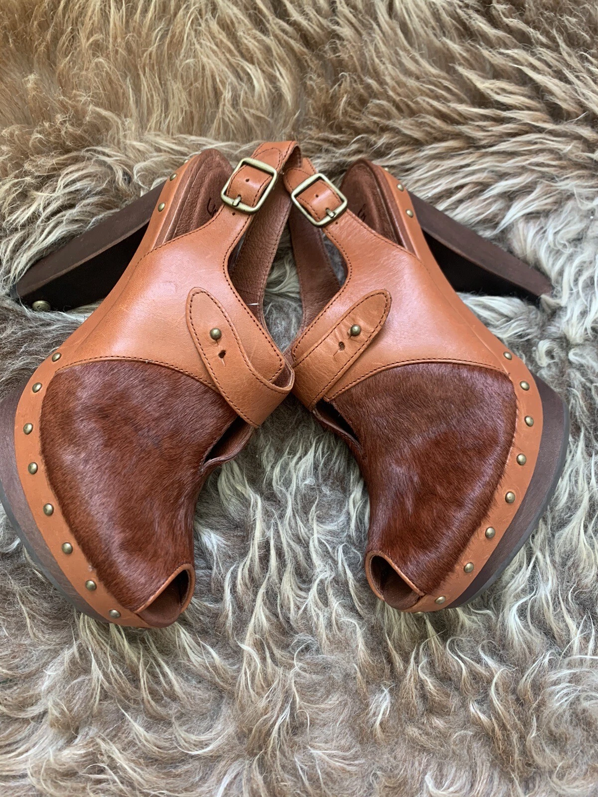 New UGG Auburn Platform Pumps Sling Back Peep Toe Calf Hair Leather Sandals Sz 9