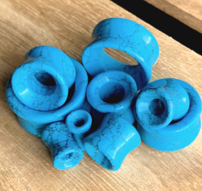 PAIR of Turquoise Stone Tunnels Double Flare Plugs Earlets Gauges