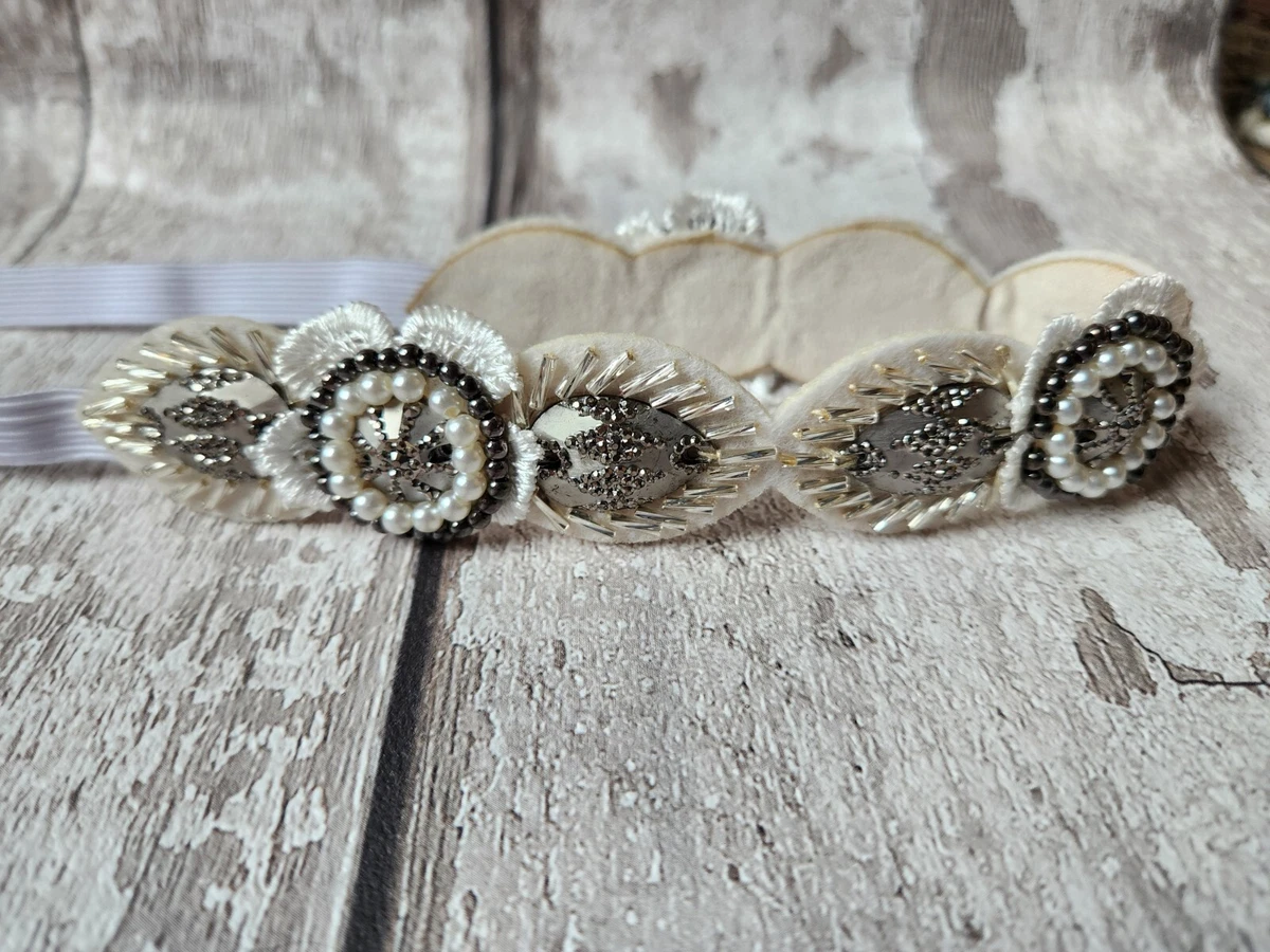 Anthropologie Elasticated Headband Antique White Colours Beaded Embroidered