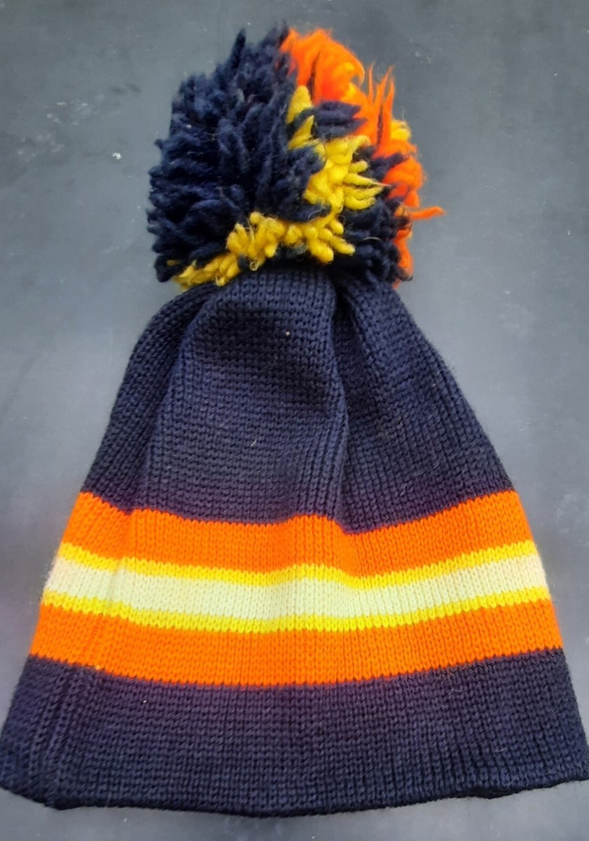 Vintage 1970s Knit Hat Pom Pom Navy w/Wide Orange/Yellow