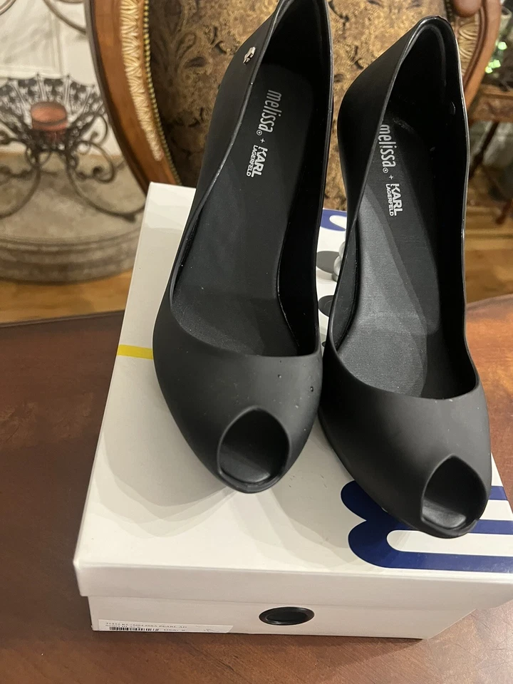 MELISSA x Karl Lagerfeld Size 9 Black + Pearl AD Bead Heel Peep Toe Pumps $290 - Image 3 of 4