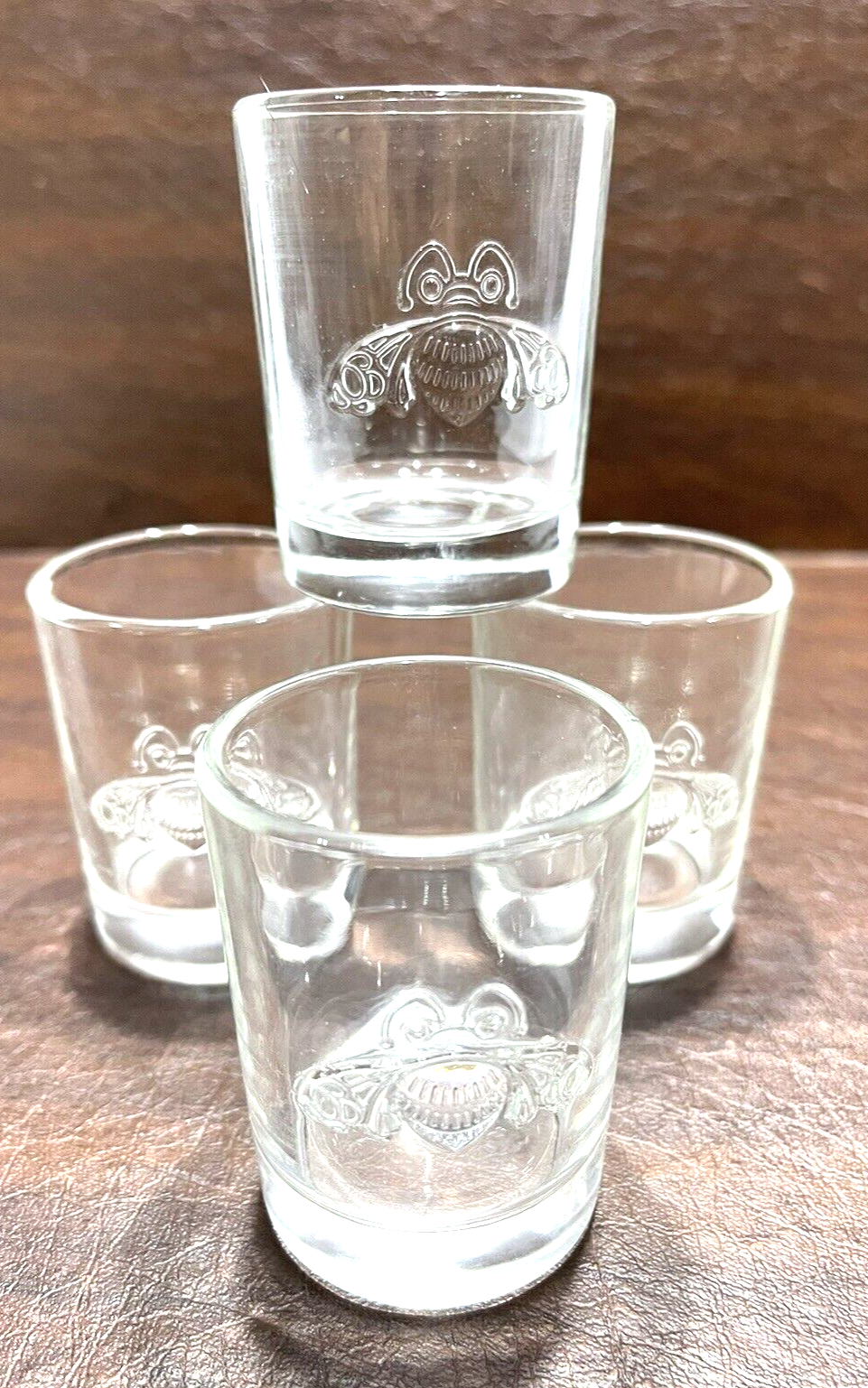 4 Patron Tequila Embossed bee Logo Shot Glasses 2 oz