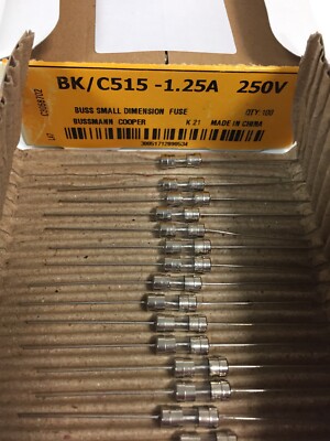Box of 100 BK/C515-1.25A Cartridge Fuses 250V 1.25A Time Delay Glass C515-1.25A