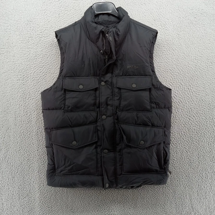prAna Jacket Mens Small Black Timber Trail Vest Zip Snap Duck Down Recycled Nylo