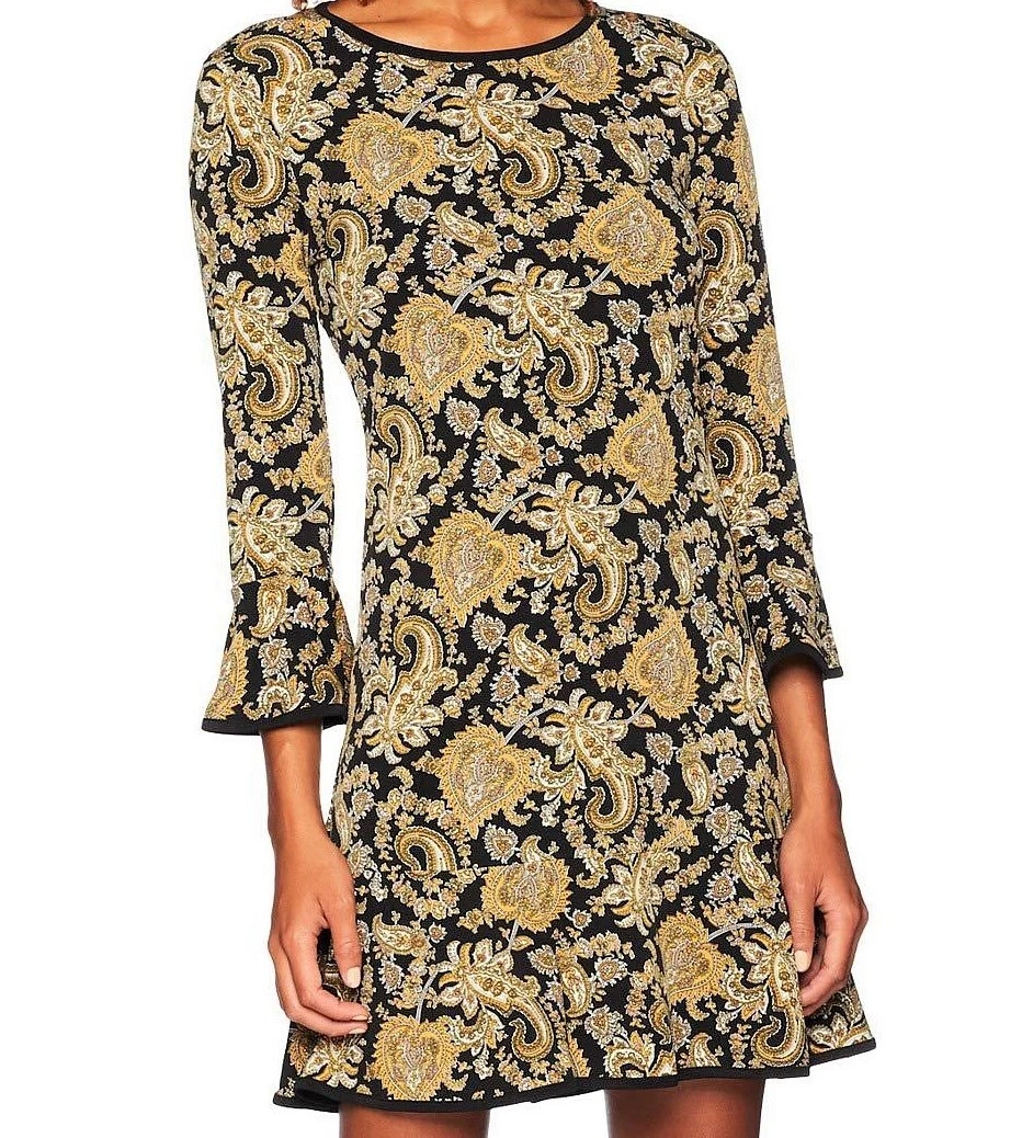 NWT 98 Michael Kors Paisley Print Bell Sleeves Flounce Dress Black Marigold