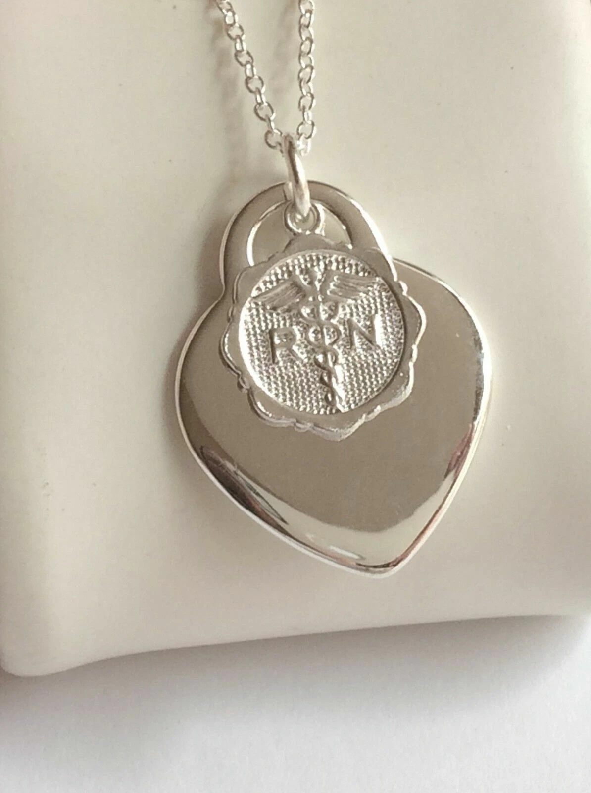 HERMÈS Collana RN Infermieristica Caduceo 18" Cuore Regalo Laurea Argento Placcato Venditore USA