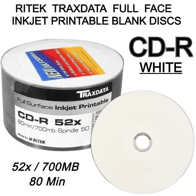 Traxdata Inkjet Printable CD-R 52x White Ritek Blank CD Discs 700MB 80 mins Lot