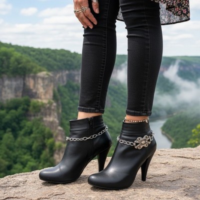 Women Silver Metal Chain Fashion Boot Bracelet Shoe Ethnic Charm HANDMADE PAIR