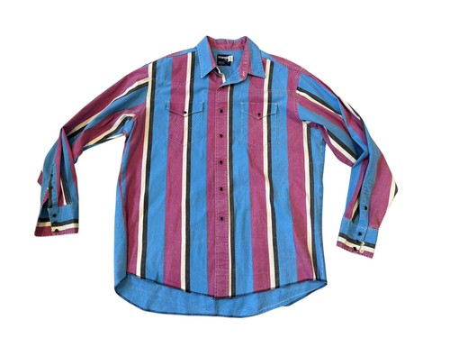 Wrangler Shirt Brushpopper Black Pink Blue striped Button 17.5 36 long Vintage - Foto 1 di 9
