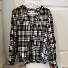 Loft Women’s Sz L Brown White Plaid V-Neck Ruffle Trim Crepe Texture Button Up