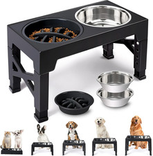 Elevated Dog Bowls - 5 Adjustable Heights Stand, 2 Stainless Steel Bowls & 1 Slo