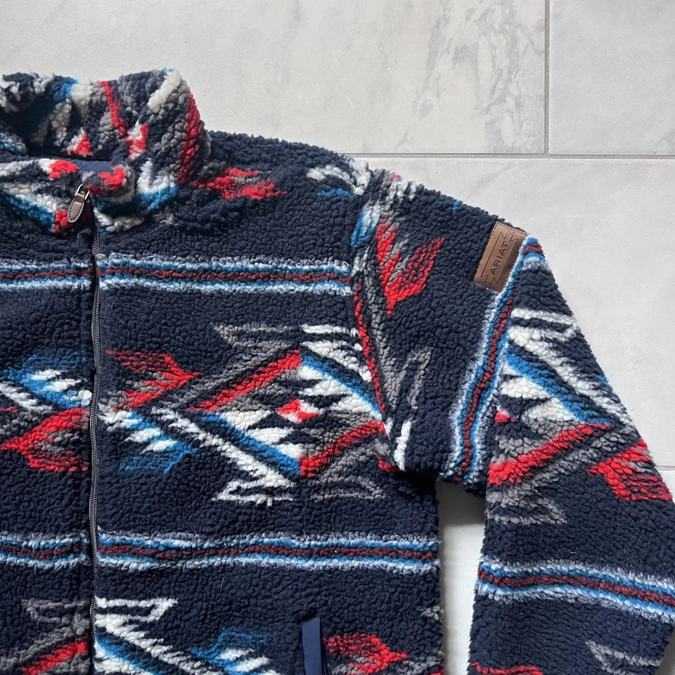 Chaqueta Ariat Para Hombres XL Azul Marino Azteca Sherpa Vellón Cremallera Completa Suroeste Oeste Foto 3 de 4