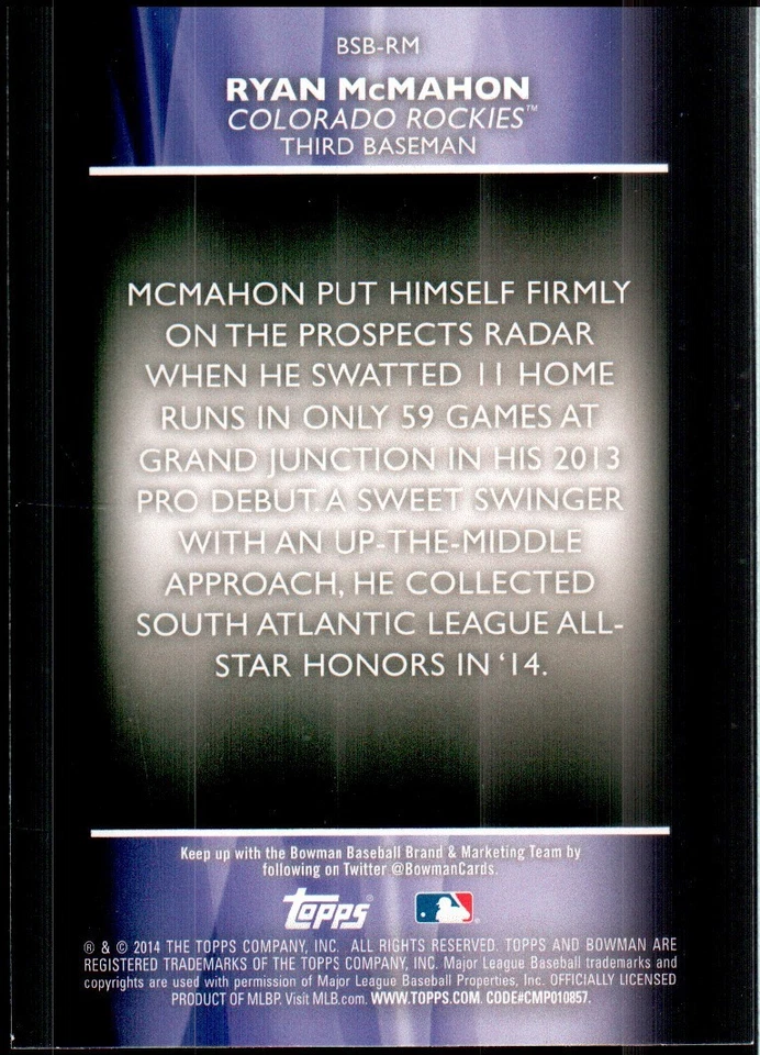 2014 Bowman Draft Scout's Breakouts #BSB-RM Ryan McMahon Colorado Rockies - Image 2 of 2