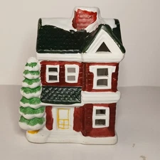 Vintage Ceramic Tea-light Holder Red Brick House W/Chimney & Snowy Tree