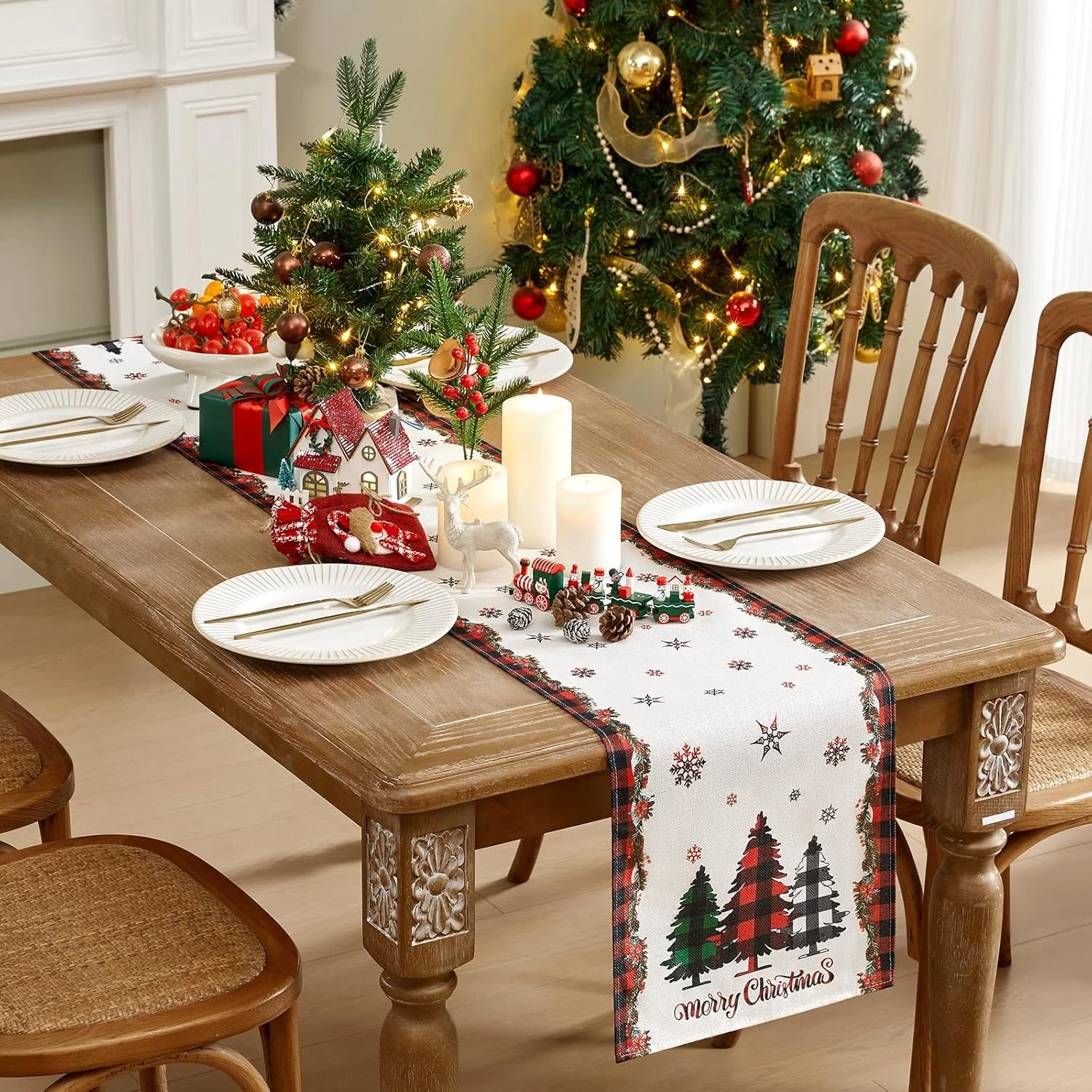 Christmas Table Runner - Xmas Tree Snowflakes Pine Needles Winter Holiday Decor