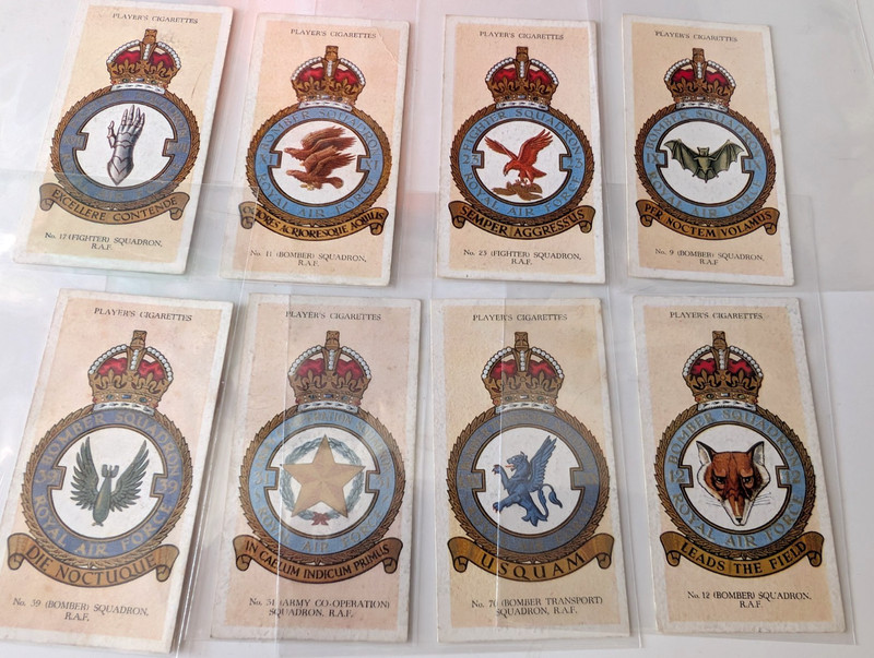 1937 John Player & Sons- RAF Badges- 8 Cigarette Cards Lot