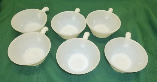 6 VTG Anchor Hocking Fire King White Milk Glass Soup Chili Bowl Handle Ovenproof