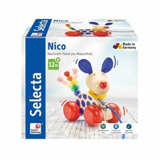Selecta Spielzeug Nico Nachzieh Hund Schiebespielzeug Kleinkindspiel Holz 12 cm