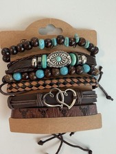6 Pcs Boho Western Bracelet Stack Turquoise Bead And Double Heart Pendant New