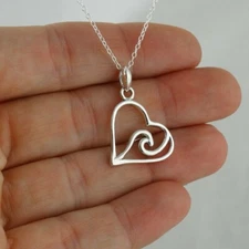 Ocean Wave in Heart Pendant Necklace 925 Sterling Silver Beach Waves Gift 
