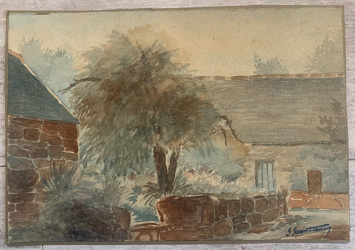 Aquarelle Paysage Nature Village Maison Arbre Plantes Architecture Campagne - Photo 1/11