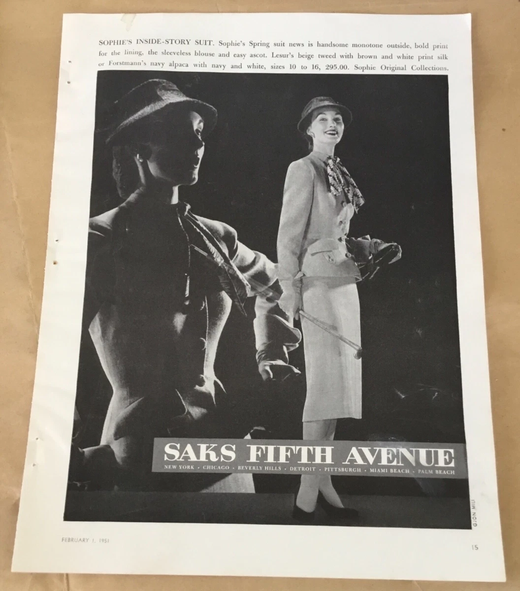 Saks Fifth Avenue print ad 1951 vintage 50s fashion art