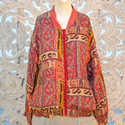 Bogari Vintage 80s Women's Silk Jacket Medium Red Abstract Floral Lightweight