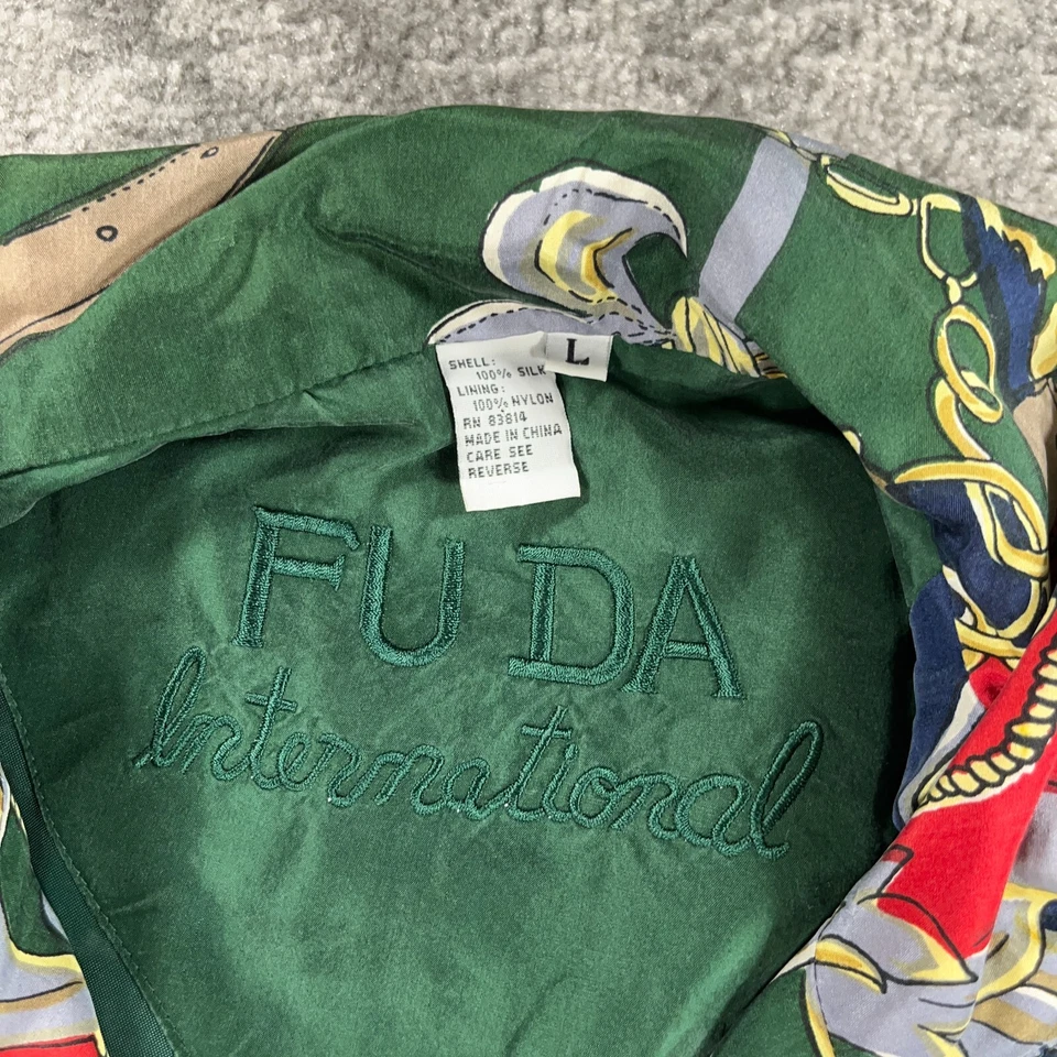 Винтажный FUDA шелковая куртка женщин большой L зеленый синий шелк барокко печать наплечные подушечки - Изображение 4 из 4