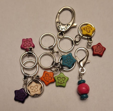 Handmade Knitting Stitch Markers set of 9 Pink Bead Lead w/Stars Markers