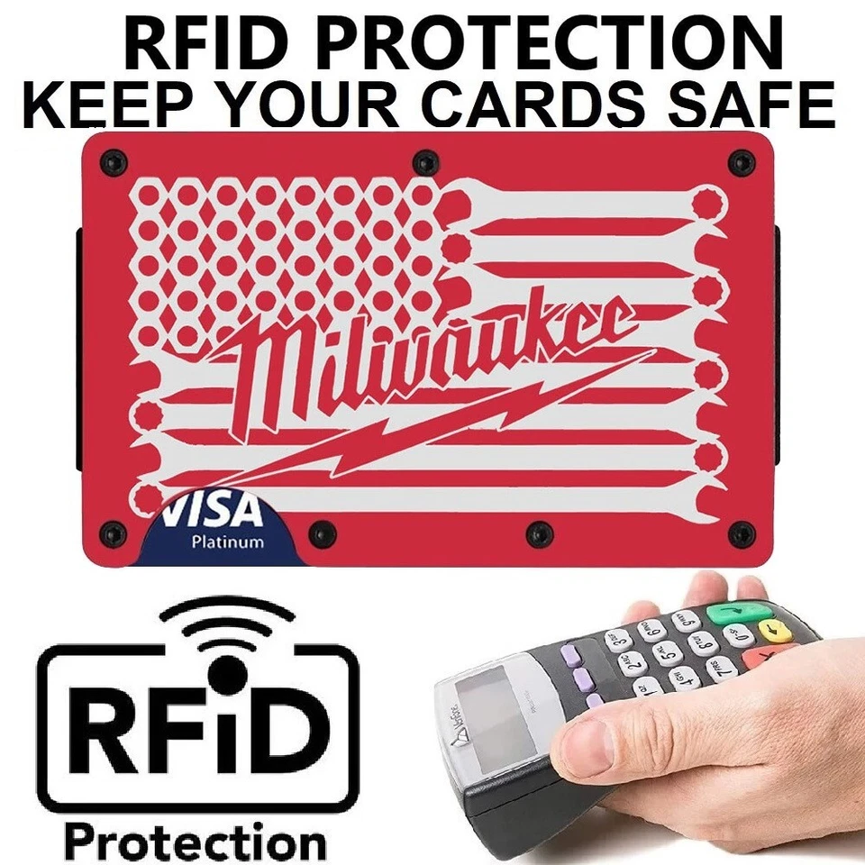 Custom Milwaukee Tool  Flag Engraved Titanium Carbon Red RFID Blocking Wallet D7 - Image 2 of 4