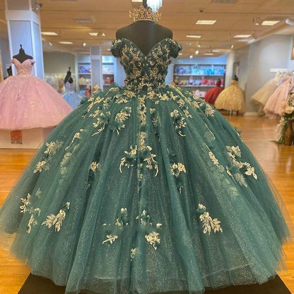 Dark Green Tulle Ball Gown Quinceanera Dress Gold Applique Sweet 16 Formal  Gowns