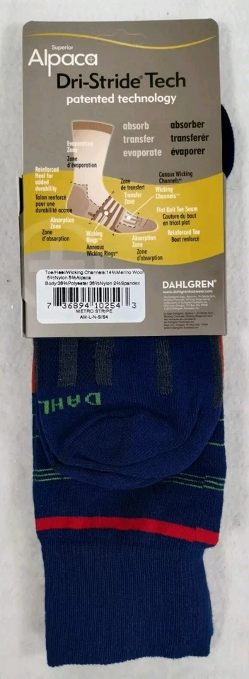 Calcetines Dahlgren Alpaca Metro Azul Marino con Rayas Naranja, Verde y Rojo Grandes Foto 2 de 4