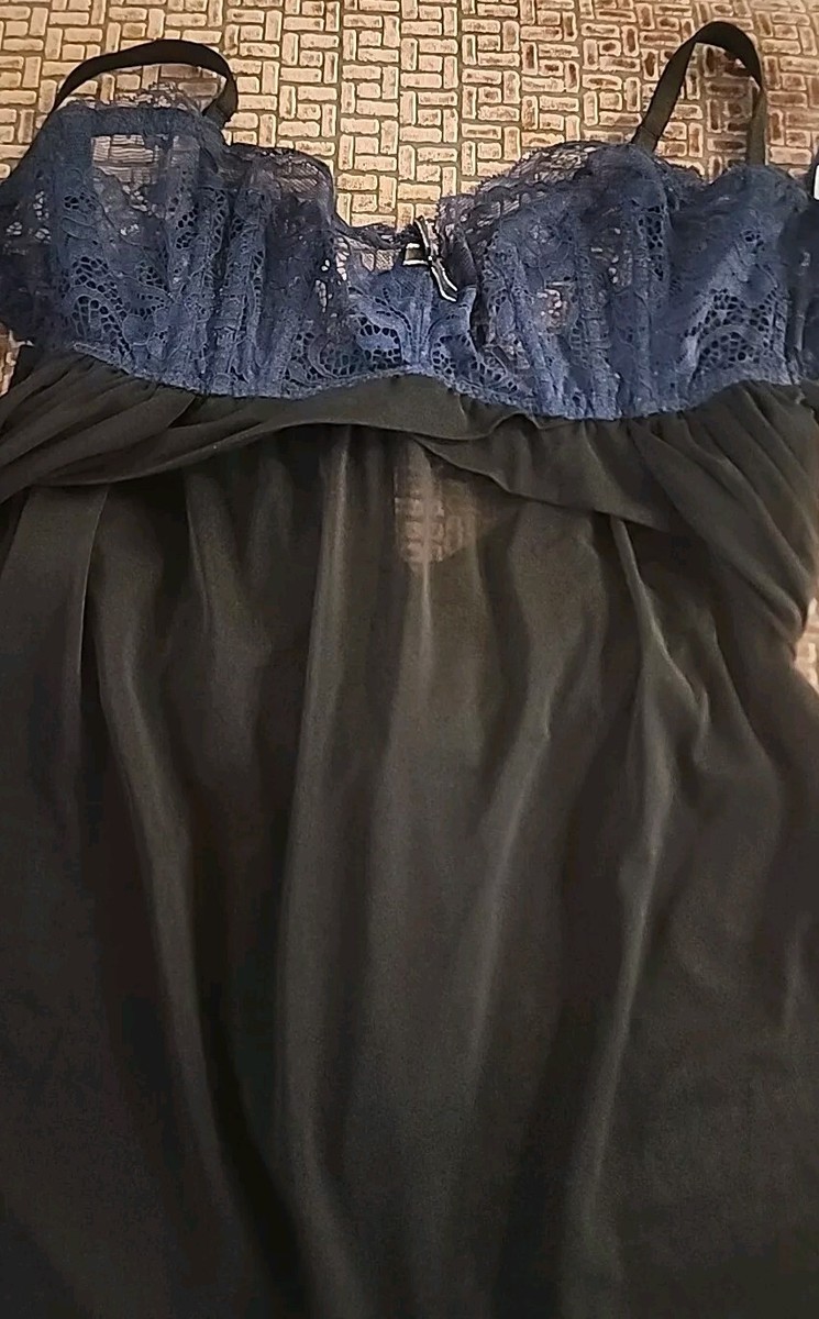 Adore Me "Rae Underlined" Black And Blue Lace Sheer Babydoll Dress Size 34C