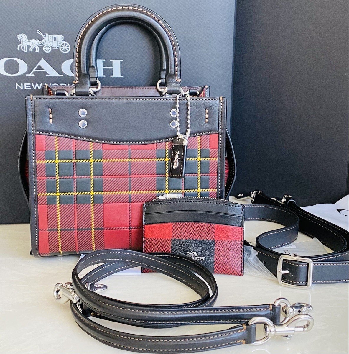 COACH RED CHERRY/MULTI PLAID LEATHER ROGUE 20 + MATCHING CARD CASE