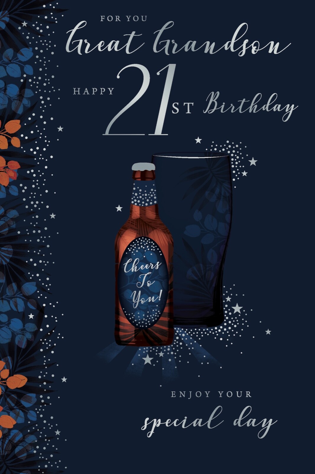 Great Grandson Happy 21st Birthday 21 Cheers To You Beer Enjoy Silver Foil Card