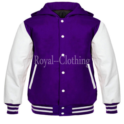 Varsity Letterman baseball Purple Wool & Genuine leather Sleeves Hoodie Jacket