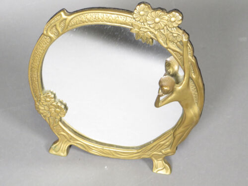 Vtg Art Deco Nouveau Brass Mirror Lady by the Lake Vanity Ornate  10" x 9.5" - Picture 1 of 10
