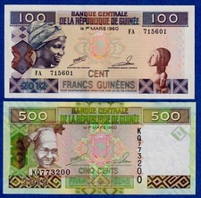 Guinea Set of 2 - 100 & 500 Francs (2012) Picks 35b-39b  UNC Banknotes