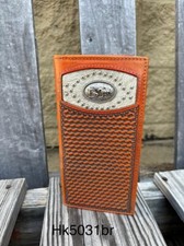 Basketweave Leather Wallet with Praying Cowboy Concho on Cowhide Inlay