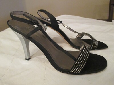 CALVIN KLEIN Black Slingback Strappy Party Sandals 3.5'' Heels Size 8 Rhinestones