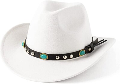 White Western Cowboy, Cowgirl Hat, Turquoise Strap, Men Women Retro Wide Brim