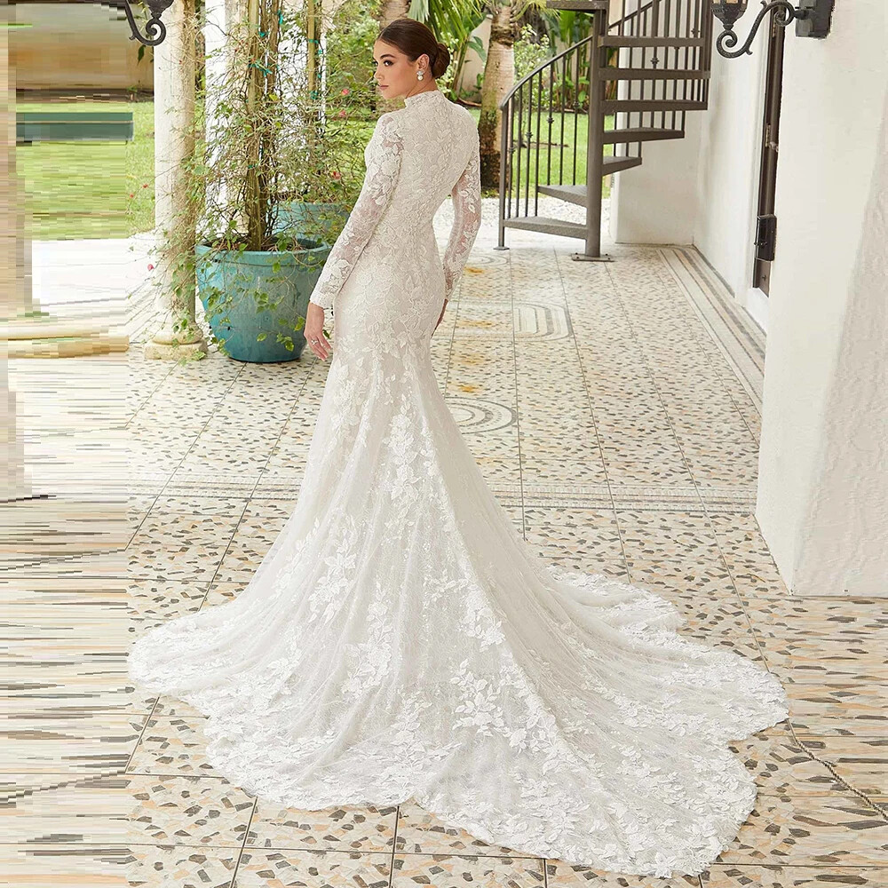Elegant High-Neck Wedding Dress Full Sleeves Sheath Lace Court Train Bride Gowns | eBay Elegant High-Neck Wedding Dress Full Sleeves Sheath Lace Court Train Bride Gowns | eBay