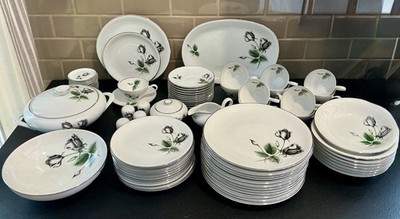 VTG MCM 78 Pcs.Stonegate Bavarian Midnight Rose China Dinner Set w/Platinum Trim