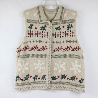 Vtg North Crest Damen 1X Hellbraun Thema Weihnachten Bestickt Geknöpft Gestrickt