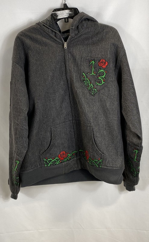 13 by Rivera Men's Full Zip Hoodie Gray Embroidered Rose 13 Streetwear Sz M