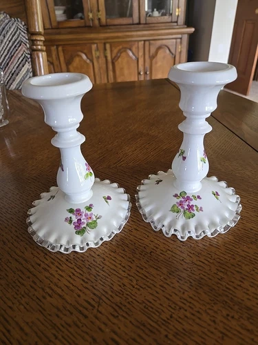 Pair Vintage 5.75" FENTON Silver Crest Candlesticks Violets In The Snow