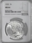 1922-P  $1 PEACE SILVER DOLLAR  "PHILADELPHIA MINT"  NGC MS64 #8678137-004