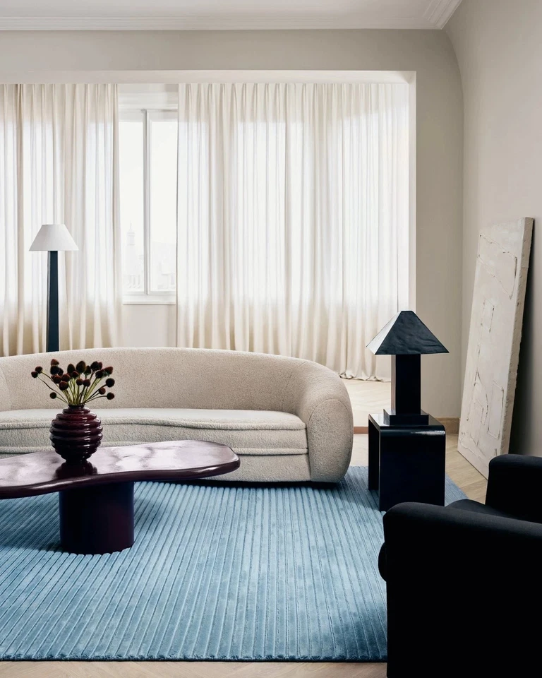 Alfombra de lana acolchada a mano 9x12 pies - Nudos nórdicos azul cielo a rayas alfombra de lana 8x10 Foto 3 de 4