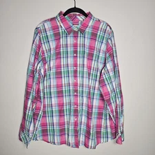 Talbots Womens 2X Plaid Button Up Equestrian Top Pink Cowgirl Southwestern
