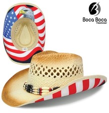 Western Drifter Cowboy Cowgirl Hat US American Flag Patriotic Straw Eagle